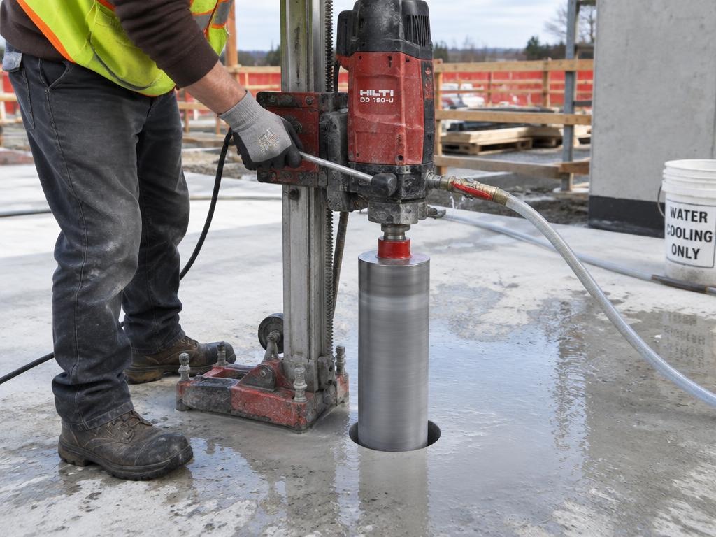 Core drill rig cutting a round hole through a concrete slab with water cooling