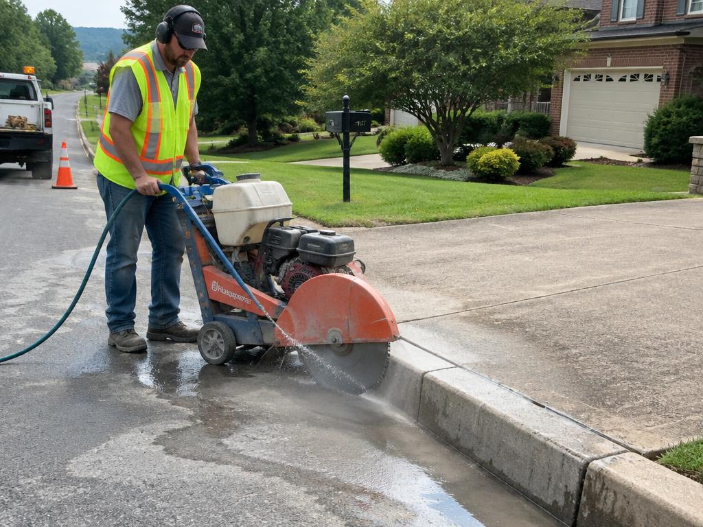 Walk-behind saw with water feed cutting through a concrete street curb at a driveway