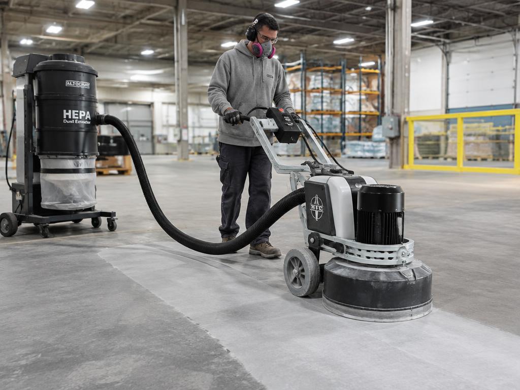 Walk-behind concrete floor grinder connected to a HEPA dust extractor in a warehouse