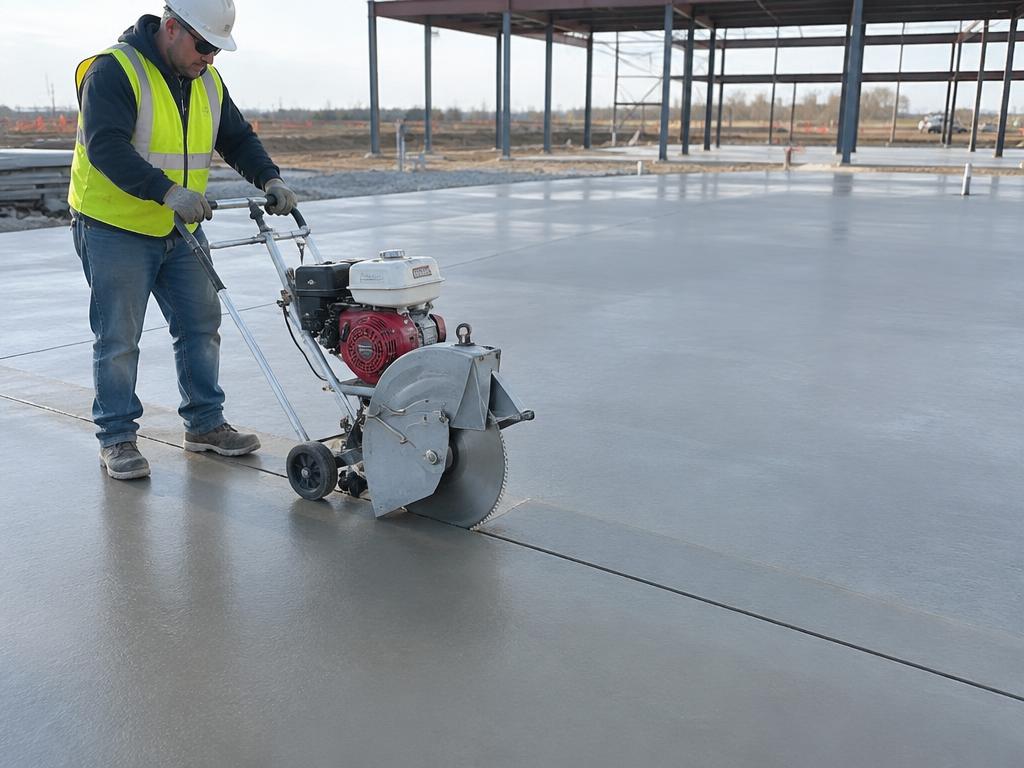 Early-entry saw cutting straight control joints in a freshly poured concrete slab