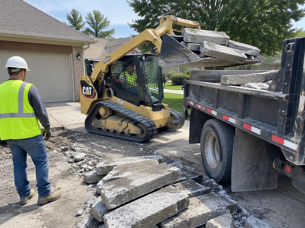 Skid steer loading saw-cut concrete slabs into a dump truck at a driveway removal
