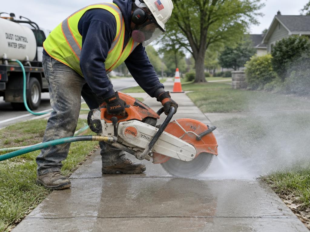 Worker using a handheld concrete saw with water dust control on a sidewalk