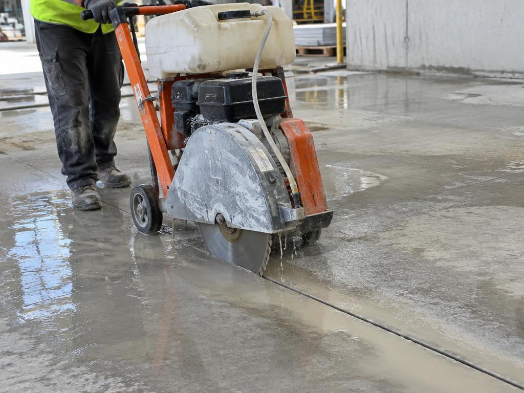 Walk-behind slab saw cutting a straight line in a concrete floor